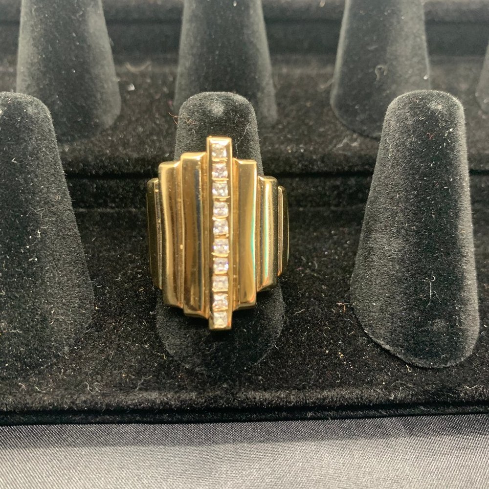Melinda M. Art Deco Gold + Crystal Rectangle Ring